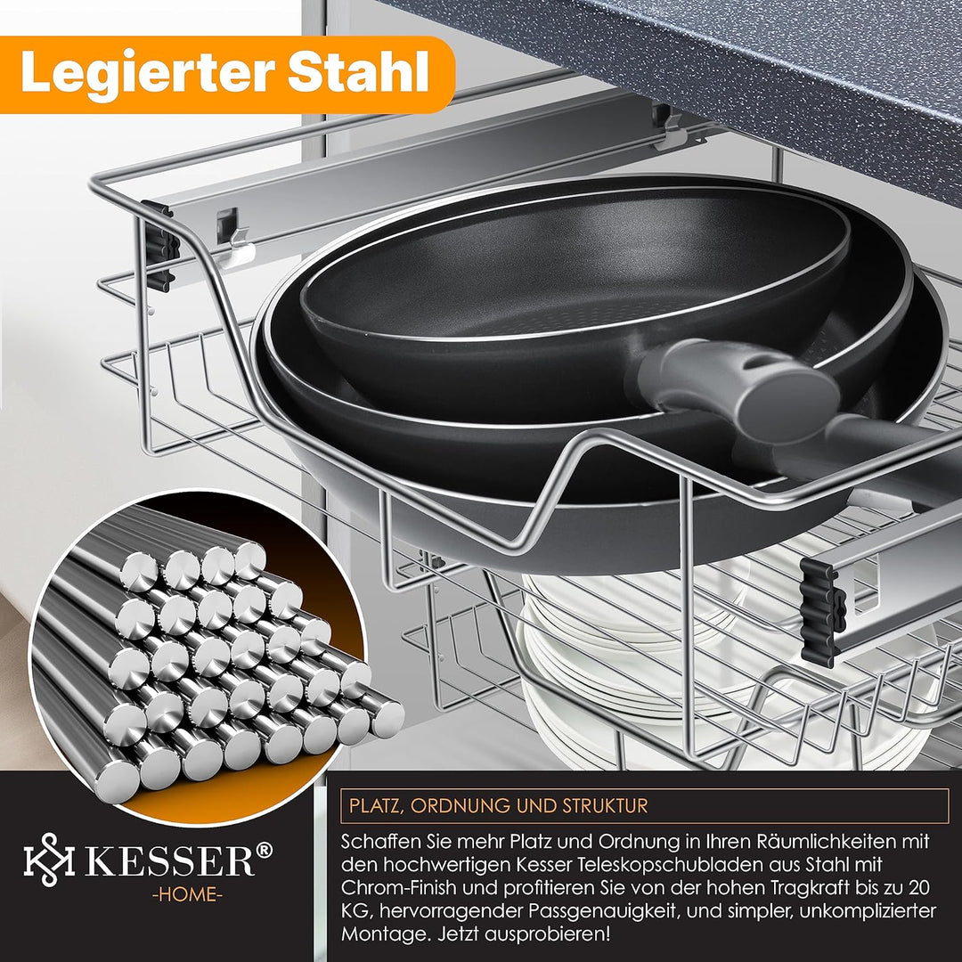 KESSER® Teleskopschublade 60 cm ✓ Küchenschublade ✓ Küchenschrank ✓ Korbauszug ✓ Schrankauszug ✓ Vol