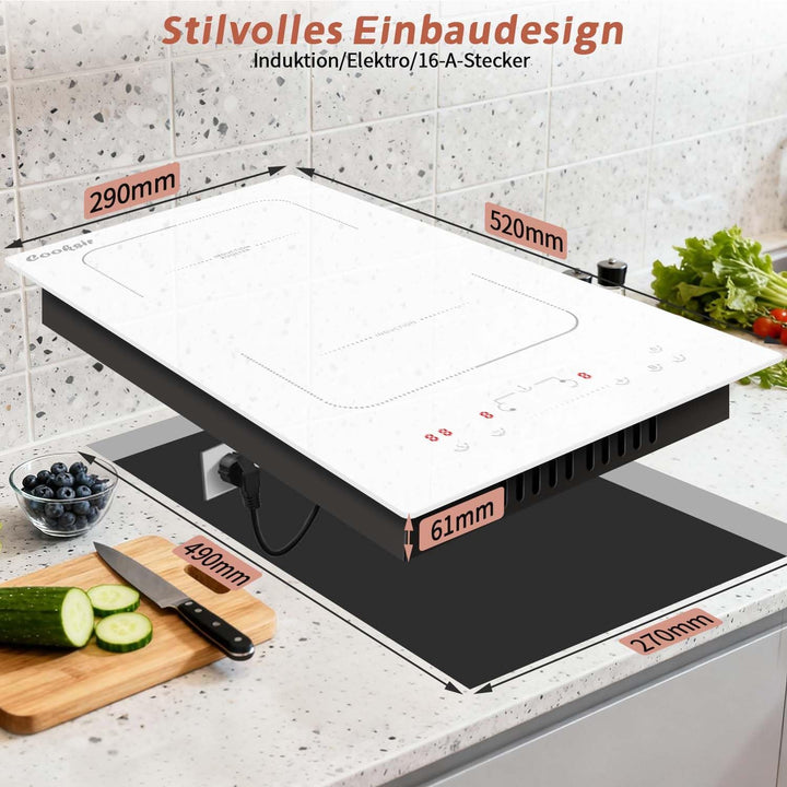 Induktionsfeld 2 Platten Einbau, Induktionskochfeld 30 cm mit Keramikglas, Flexzone, 3500W, Touch-Sc