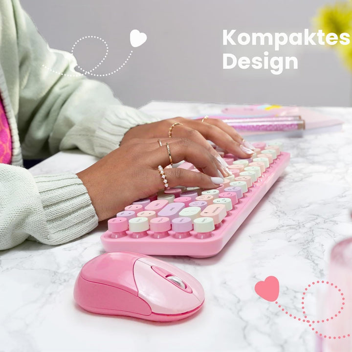 Perixx PERIDUO-802PK Bluetooth Mini Keyboard and Mouse Combo - Retro Round Key Caps - Pastel Pink -