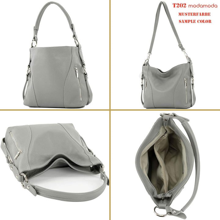 modamoda de - T202 - ital. Damen Henkeltasche Schultertasche aus Leder Creme, Creme