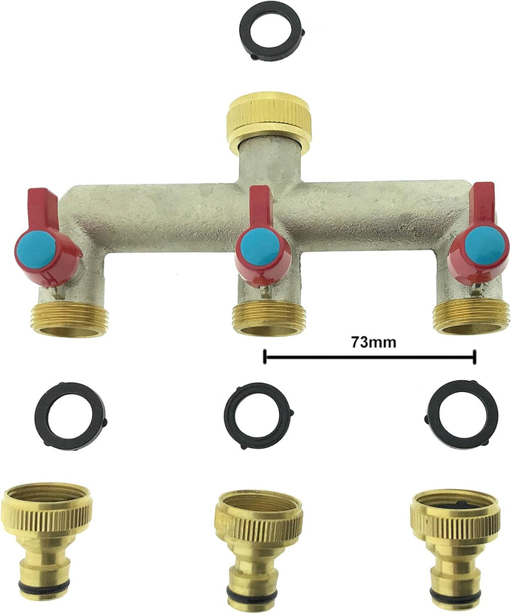 3-Wege Messing Wasserhahn Verteiler 3/4" Wasserverteiler 3er Gartenschlauch Adapter 1/2"
