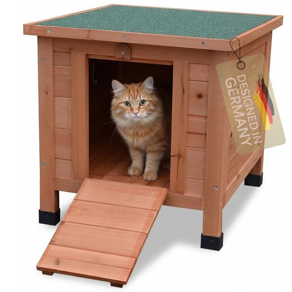 Mucola Wetterfestes Holz Katzenhaus Outdoor | 42x43x50 cm Tierhaus mit Klappdach, Rampe, Fichtenholz