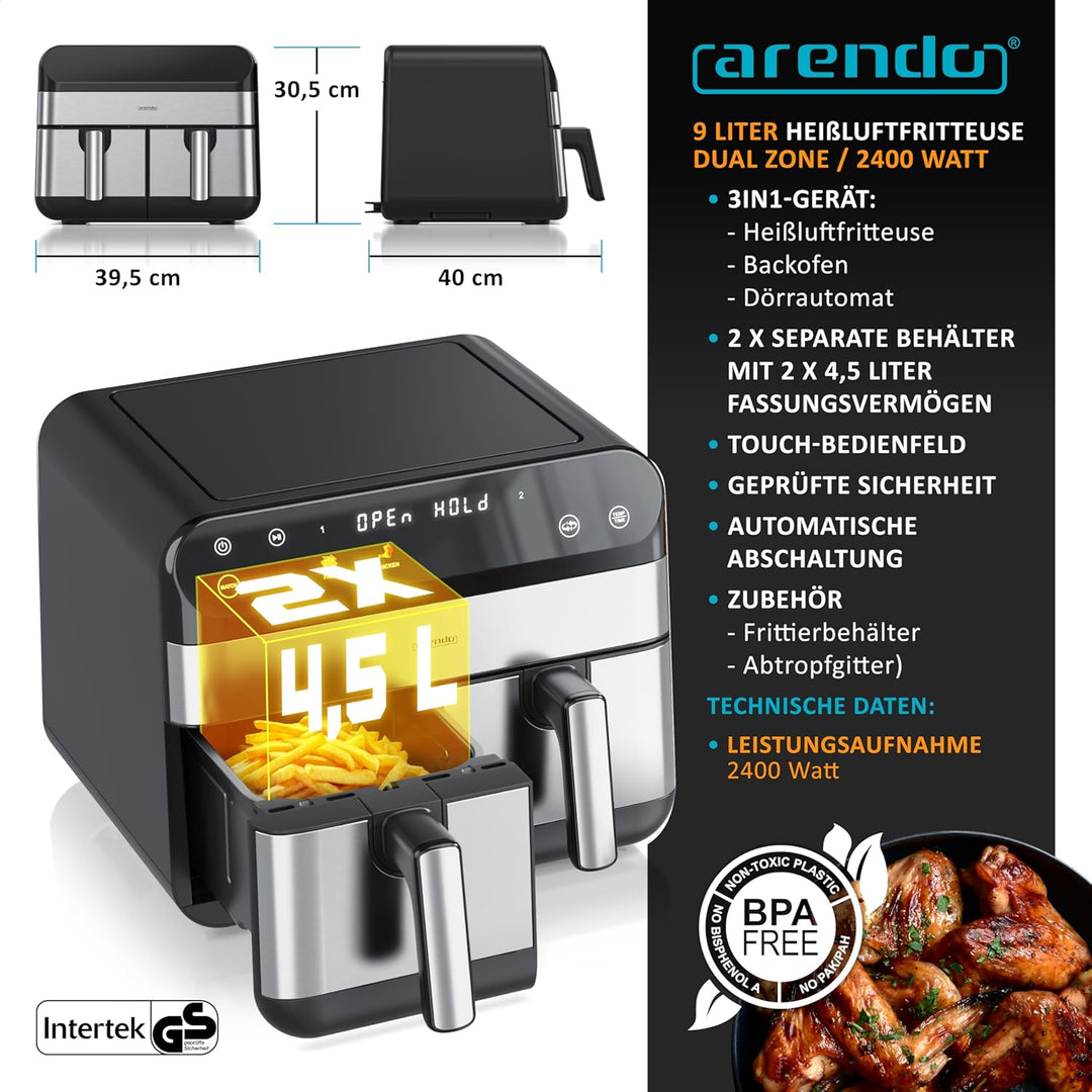 Arendo - Heissluftfritteuse 9L mit 2 Kammern - XXL Kapazität - 2 Fächer – Airfryer Backofen - 8 Prog