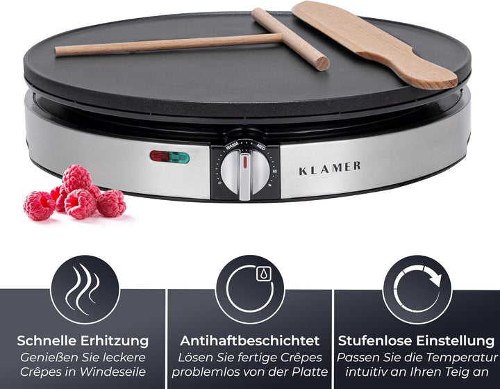 KLAMER Crepes Maker, Backfläche mit 30cm Ø, antihaftbeschichtete Platte, inkl. Teigverteiler und Wen