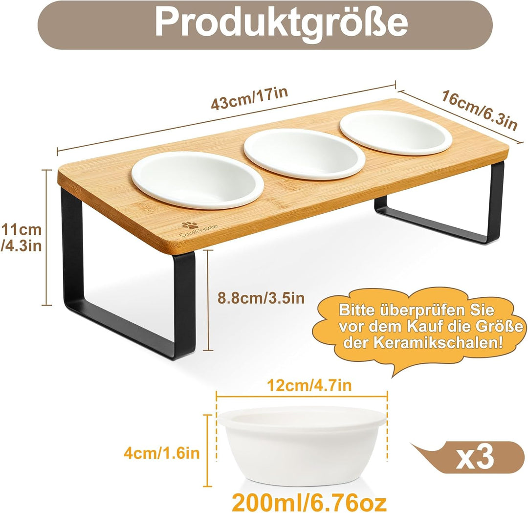 GUUSII HOME Katzennapf Erhöht Futternapf Katze Futterstation, Keramik Napf, Fressnapf 3er Set Holz,