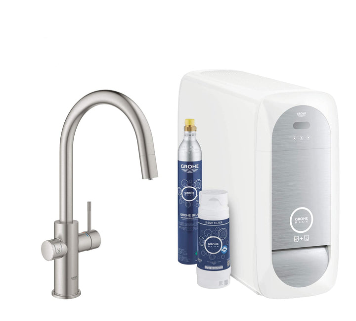 GROHE Blue Home - Starter Kit (C- Auslauf, 3 gefilterte und gekühlte Wasserarten, Schwenkbereich 360