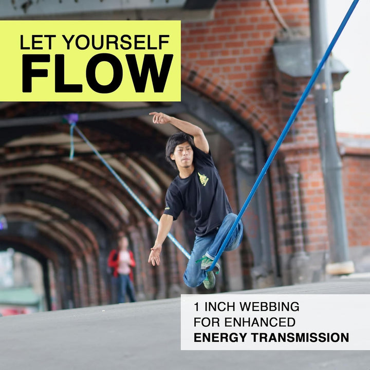 Gibbon Slacklines FlowLine | 1 Zoll / 2,5cm Band | Anfänger & Fortgeschrittene | Doppelratsche & Spa