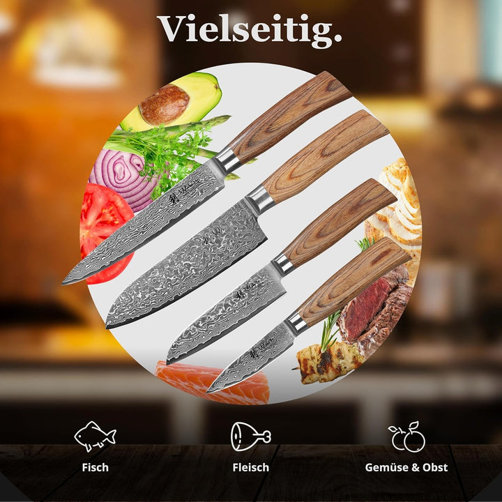 Wakoli EDIB Pro Premium 4er Damastmesser-Set mit Messerblock I 8-17 cm Klingen gefertigt aus 67 Lage