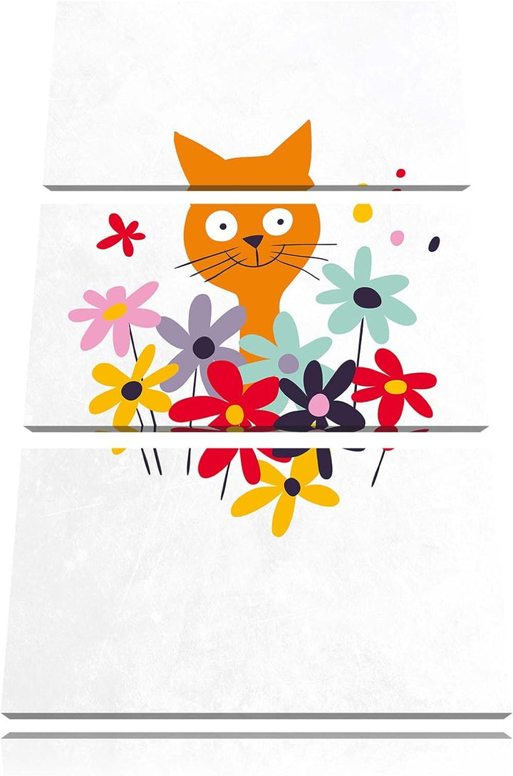 Pixxprint Fröhliche Katze mit Blumen als Leinwandbild/Grösse: 3 Teilig (120x80) cm/Wandbild/Kunstdru