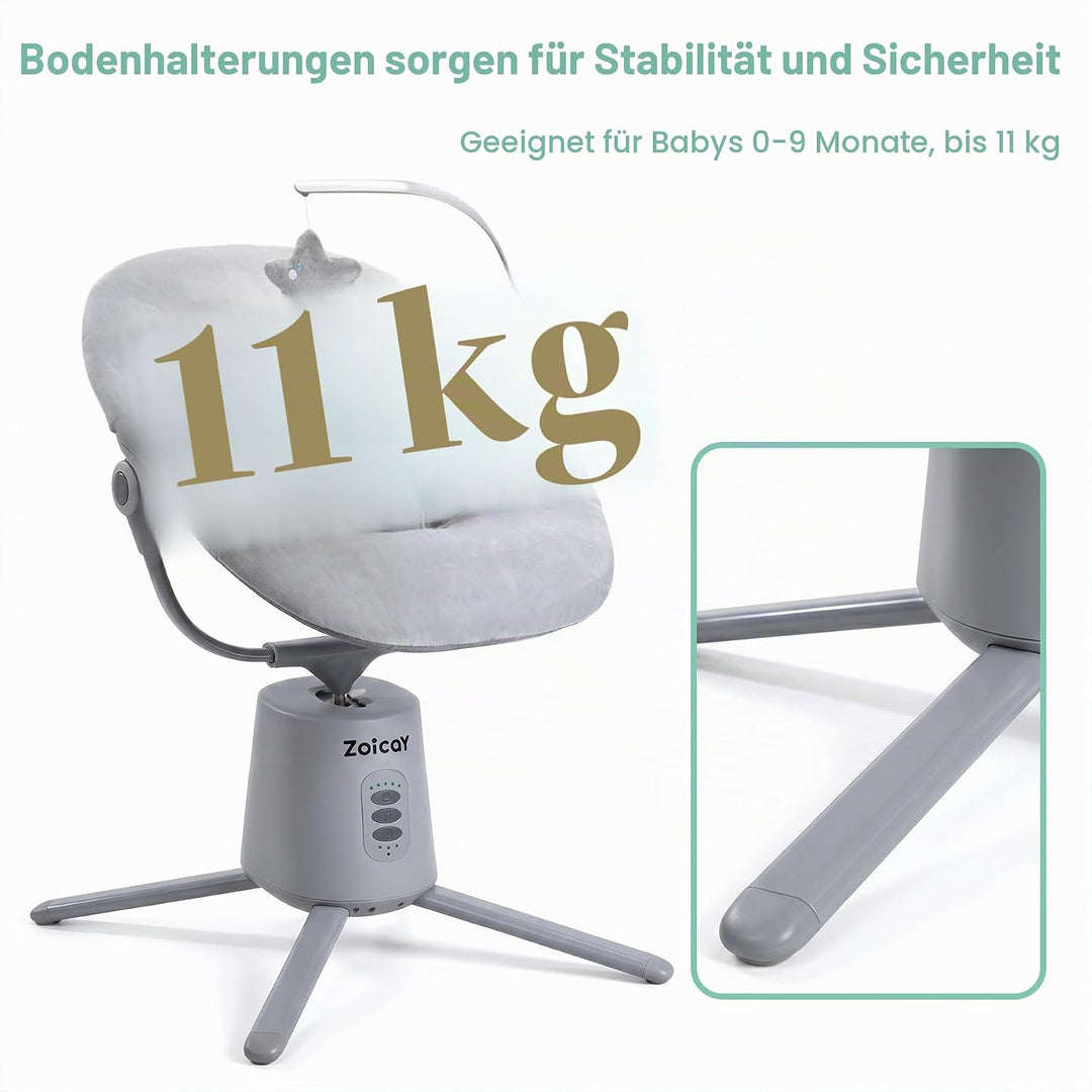 Babywippe Elektrisch mit 3 Modus 5 Tempo für Neugeborenes 0-9 Monate (Grau) | Babywippe 5-Punkt-Gurt