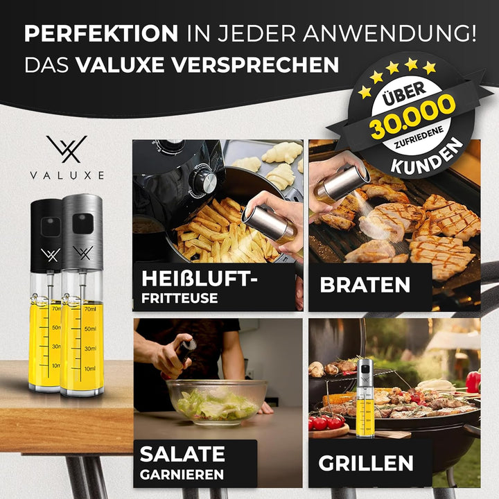 VALUXE® Ölsprüher - Das ORIGINAL - Extrem präzise Öl-Sprühflasche aus Edelstahl und Glas - Multifunk