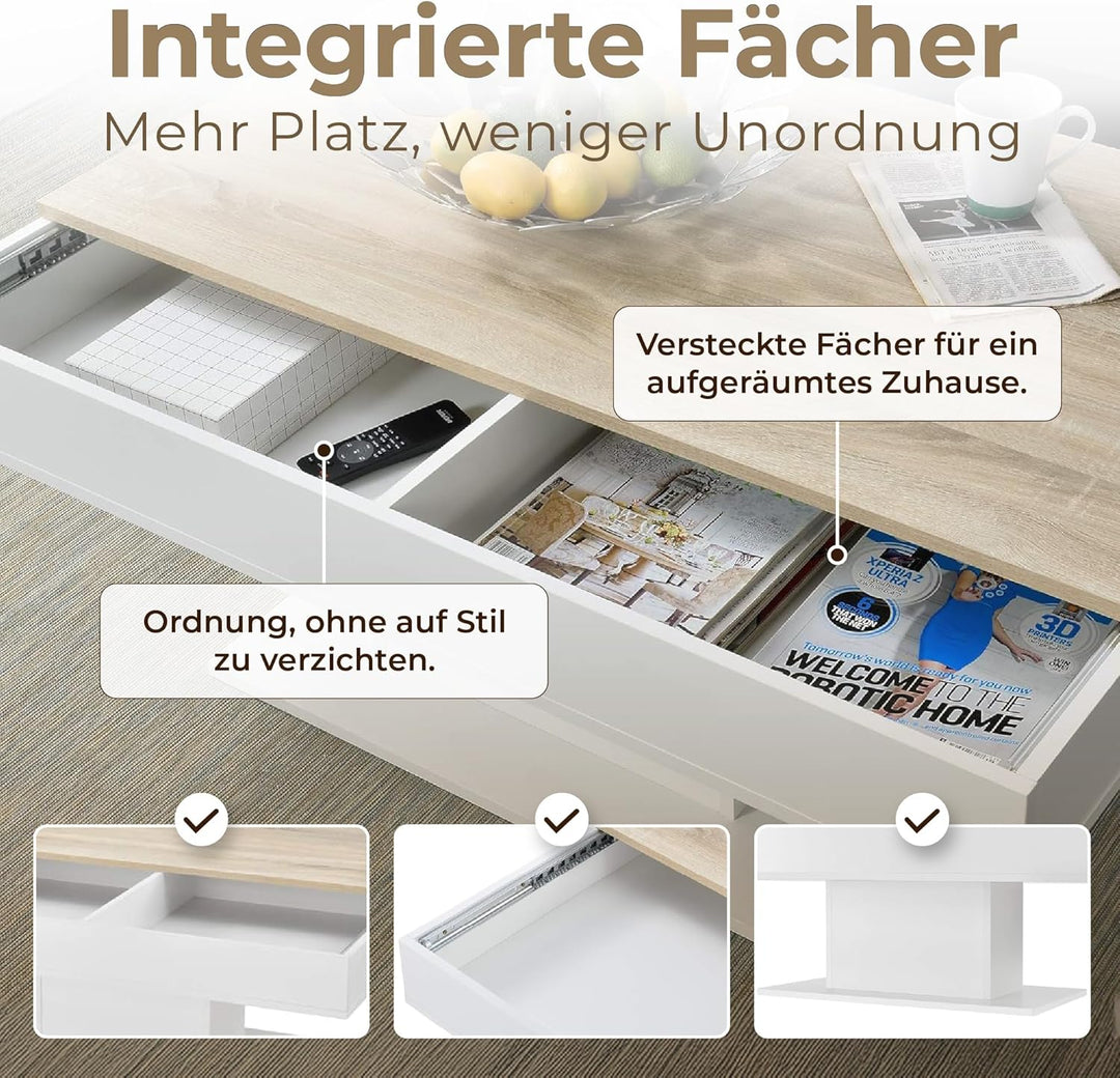[en.casa] Couchtisch mit 2 Staufächern unter Schiebeplatte Wohnzimmertisch mit Truhefunktion Kaffeet