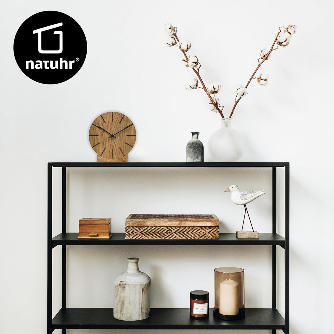Natuhr Wanduhr Tischuhr Eiche Holz - Boom - geräuscharm Massivholz Design ø17 cm (Eiche dunkel geölt