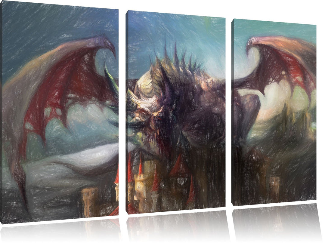 Pixxprint der Drache auf der Festung als Leinwandbild/Grösse: 3 Teilig (120x80 cm) cm/Wandbild/Kunst