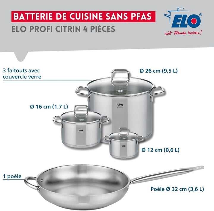 ELO 9500350 Kochgeschirr-Set, 4-teilig, 1 Bratpfanne 32 cm und 3 Kochtöpfe 12, 16 und 26 cm Elo Prof