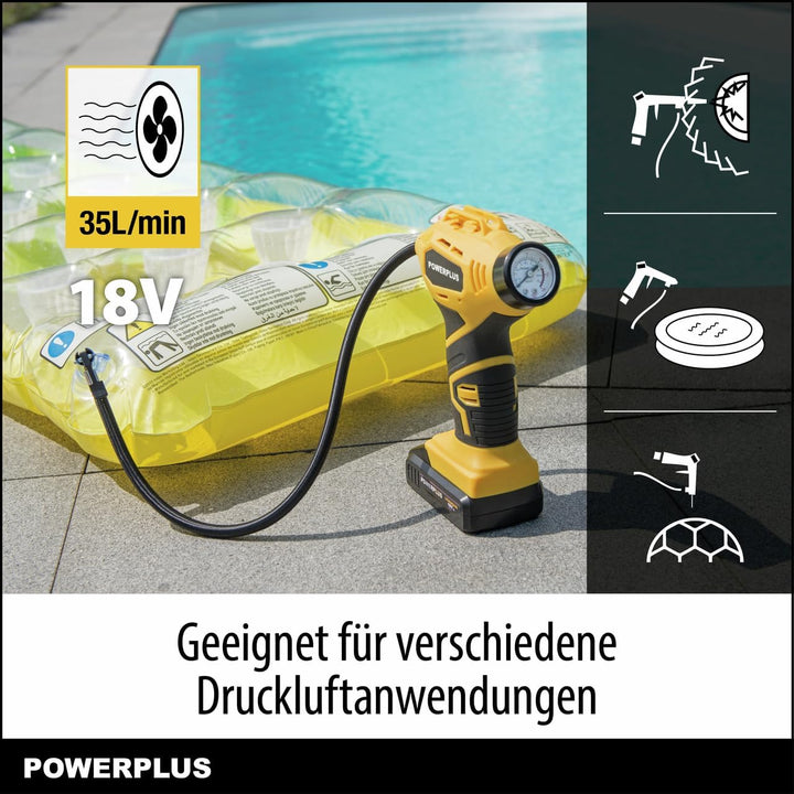 Powerplus POWX1700 Akku Kompressor - Druckluft Kompressor mit 18V und 8 bar Leistung - Inkl. 1 x 1,5