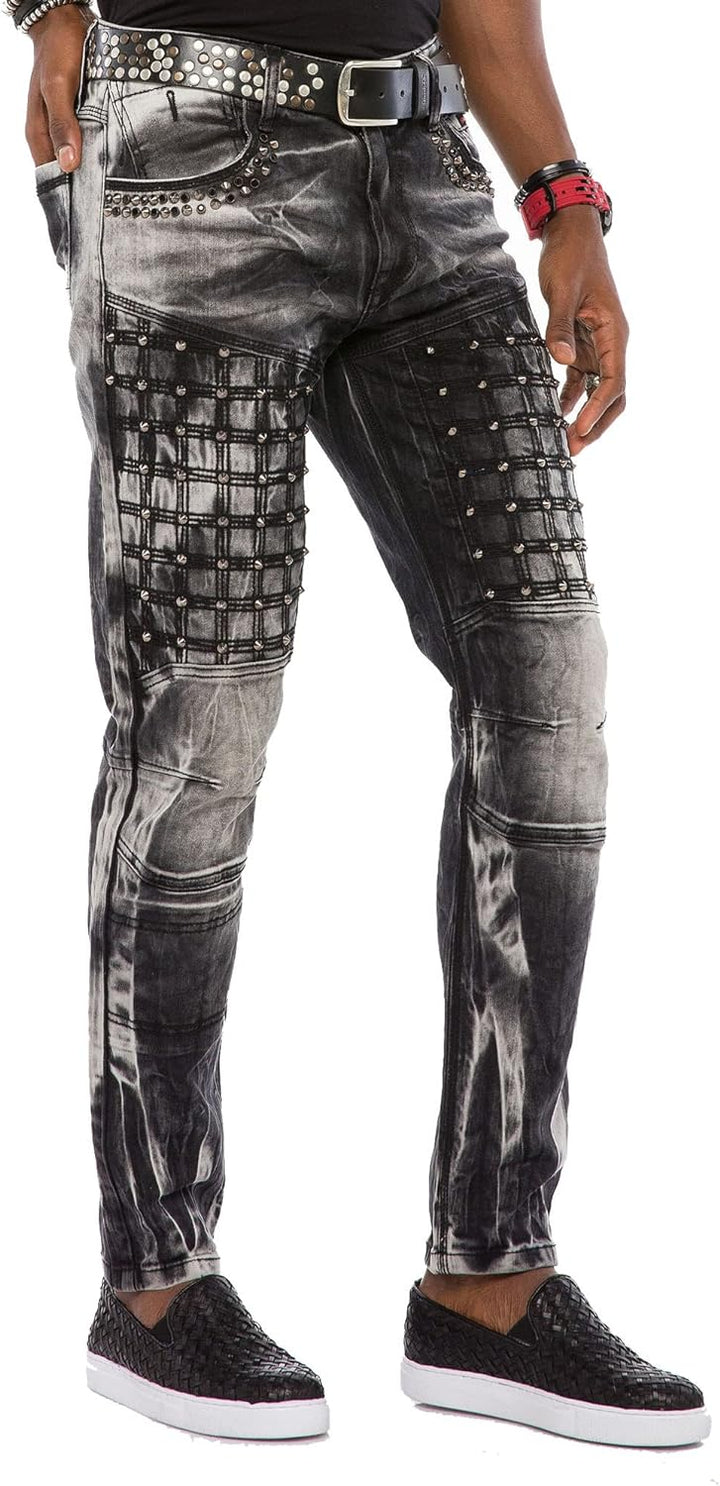 Cipo & Baxx Herren Jeans Hose Slim Fit Denim Gitternähten Straight Fit Jeanshose Schwarz W30 L34