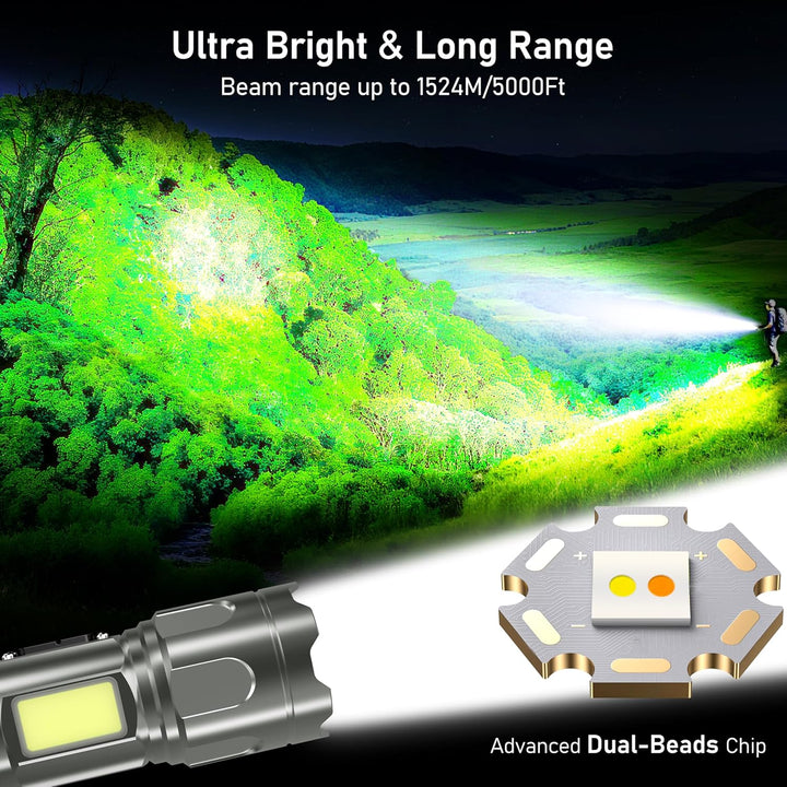 Blukar Taschenlampe LED 2 Farbtemperatur mit Hauptlicht & Seitlich COB-Licht, Aufladbar Extrem Hell