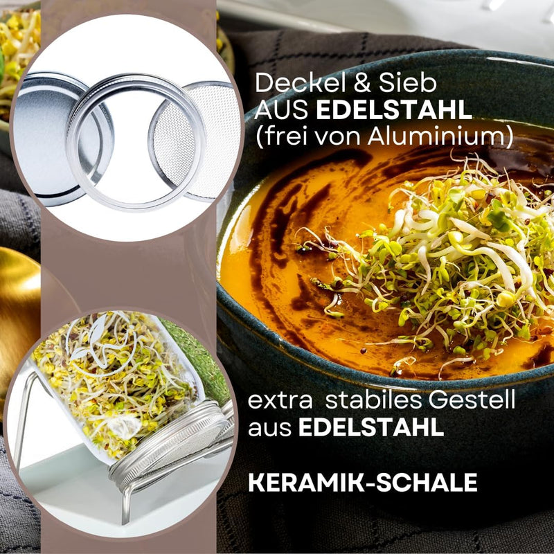 ZELLGUT® 2in1 Sprossenglas 3er Set - Keimglas 100% Plastikfrei - Vorratsglas Funktion durch extra De