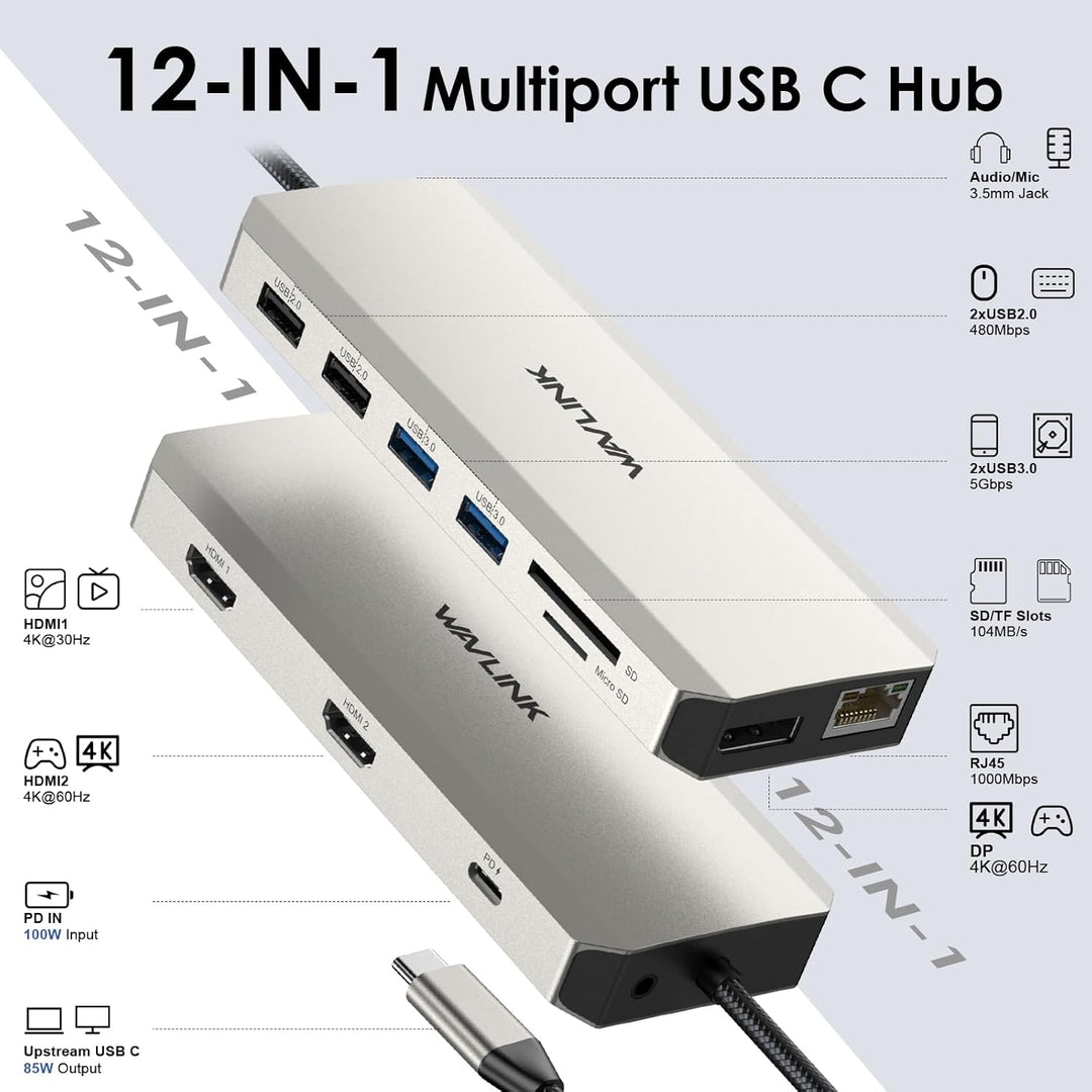 WAVLINK 12-in-1 USB C Docking Station, Dual HDMI Dockingstation USB C, Multiport-Adapter mit 4K Dual