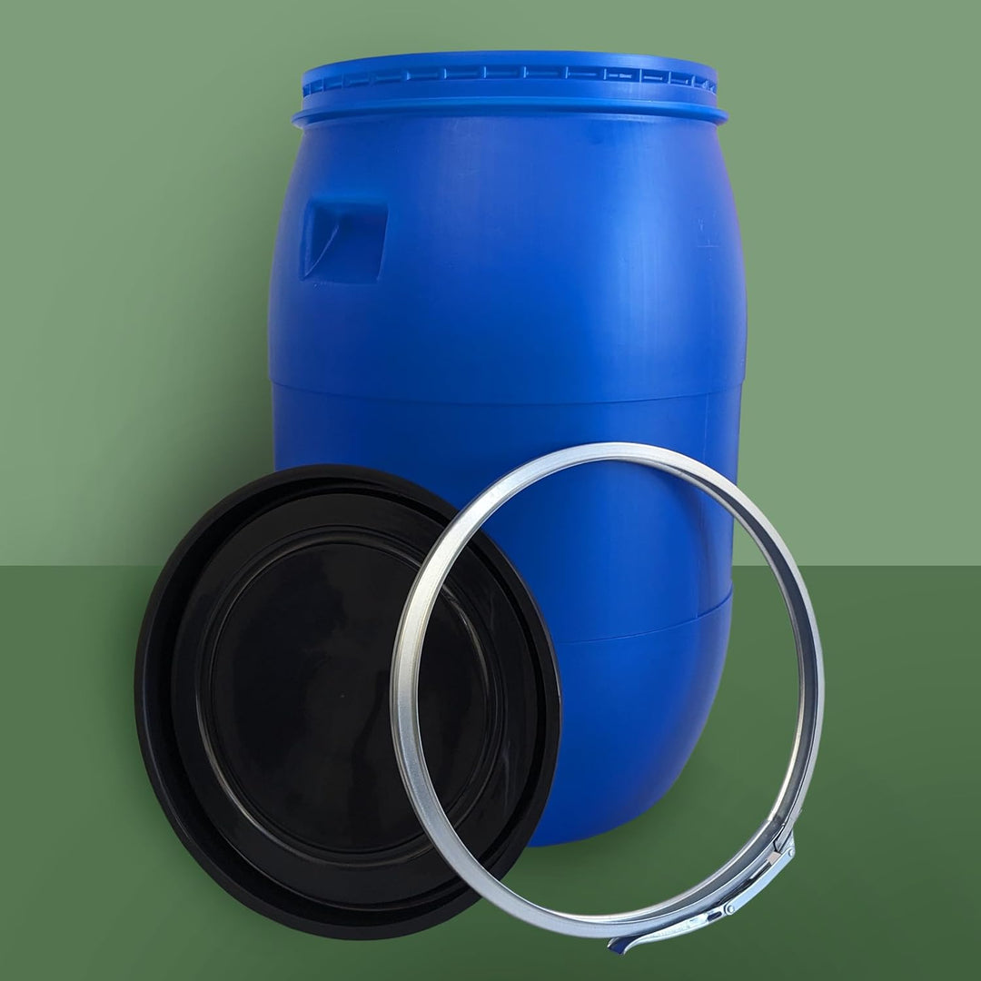 plasteo® 85 Liter Weithalsfass mit Deckel und Spannring, Lebensmittelecht BPA-Frei, Futtertonne Kuns