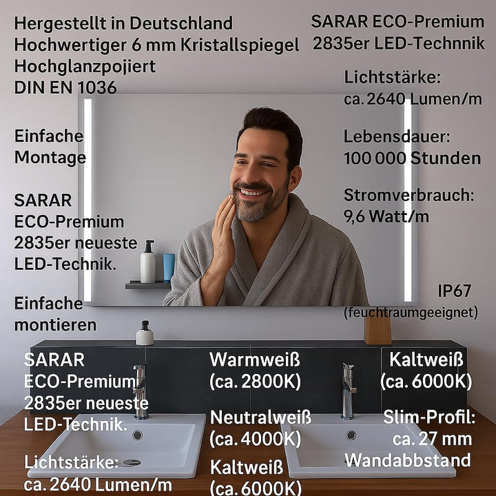 SARAR Badezimmerspiegel mit LED-Beleuchtung Bad 40x60 cm Made in Germany Designo MA2110 eckiger Wand