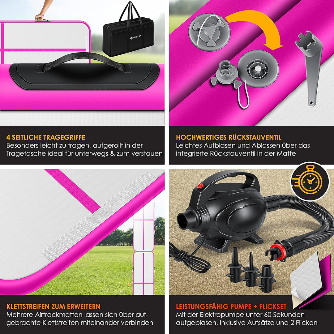 KESSER® Turnmatte Aufblasbar Airtrack Fitness-Matte Gymnastikmatte | inkl. Tragetasche & elektr. Luf
