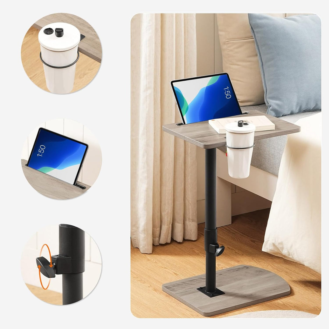 HOOBRO C-Form Beistelltisch Höhenverstellbar von 45,5-78 cm, 360° drehbarer Sofatisch mit Getränkeha