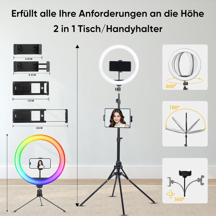 KOSCHEAL 12 Zoll Ringlicht mit Stativ,Tisch LED Ring Light Kamera Handystativhalter mit ringlicht, 2