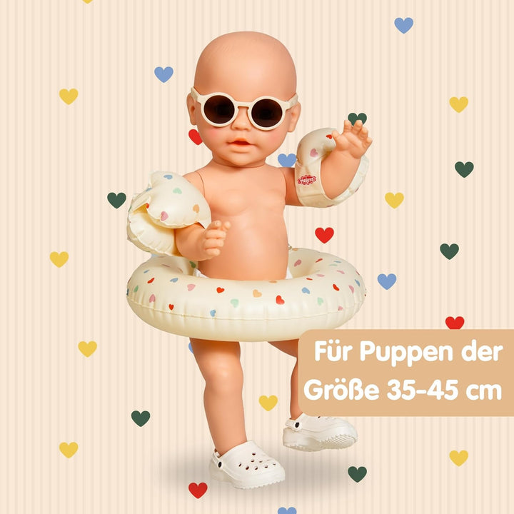 Heless 50550 - Puppen-Schwimmset in Beige Herz Konfetti, mit Schwimmring, Schwimmflügeln, Clogs und