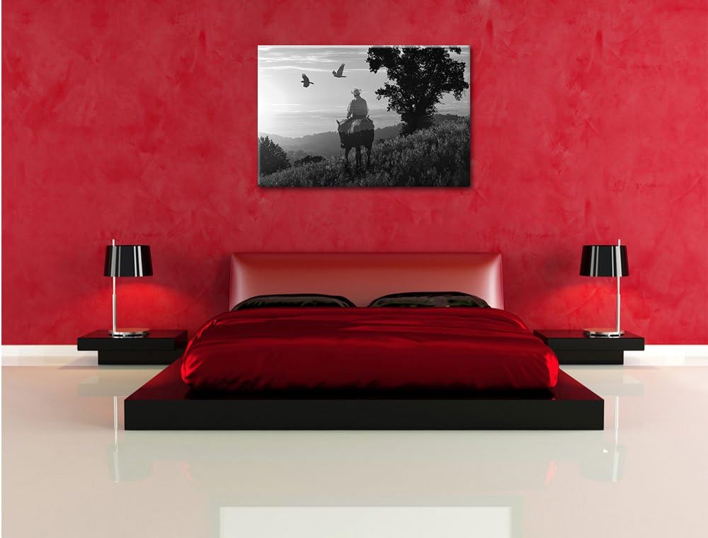 Pixxprint EIN Cowboy im Sonnenuntergang Kunst B&W, Format: 100x70 auf Leinwand, 100x70