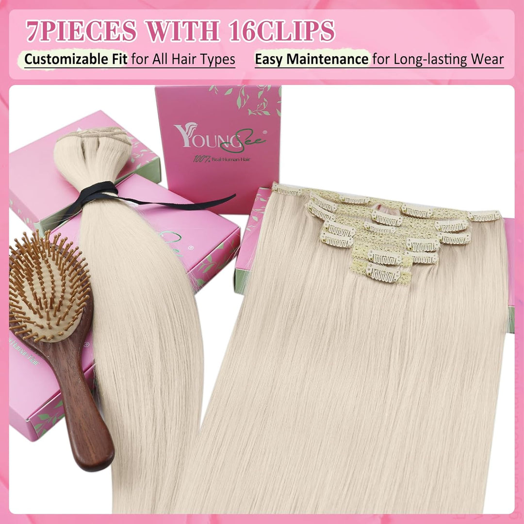 YoungSee Echthaar Extensions Clip Blond 40 cm Clip in Extensions Platinblond Clip in Extensions Echt