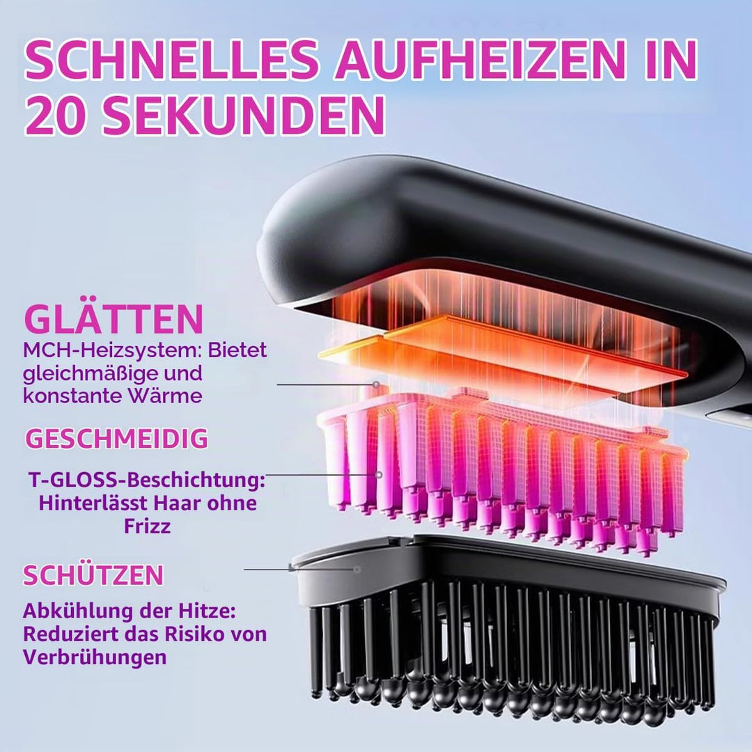 Kabellose Haarglätter Bürste, Tragbare Glättbürste Kabellos mit 3 Temperaturstufen, Haarglätter Bürs