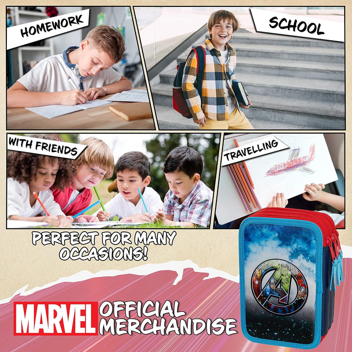 Marvel Federmäppchen für Jungen, Federmäppchen, Fächer, gefüllt, für Schule, Filz, Buntstift, Gesche