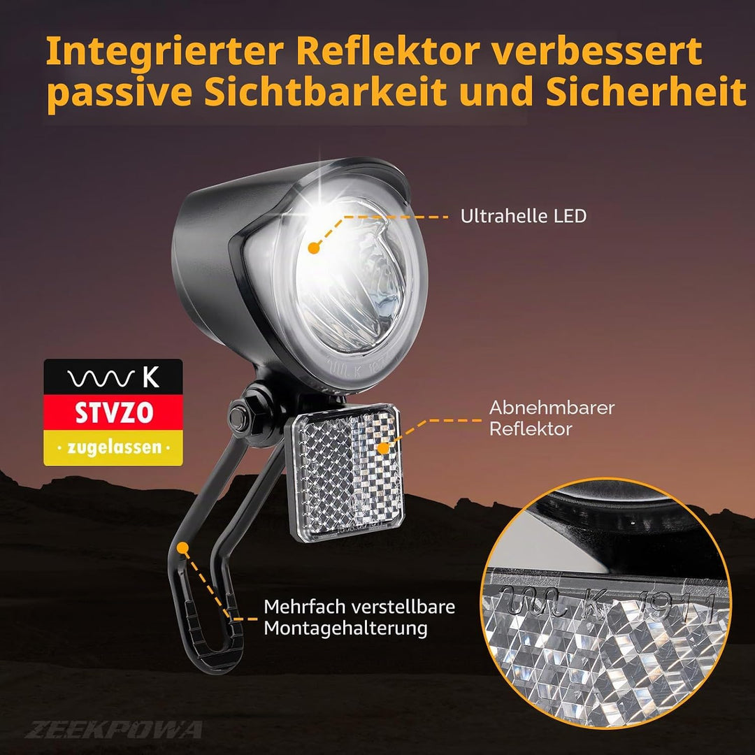 E-Bike Dynamo LED Fahrradlicht 30-100 LUX mit StVZO Zulassung - Fahrradlampe Frontlicht & Scheinwerf