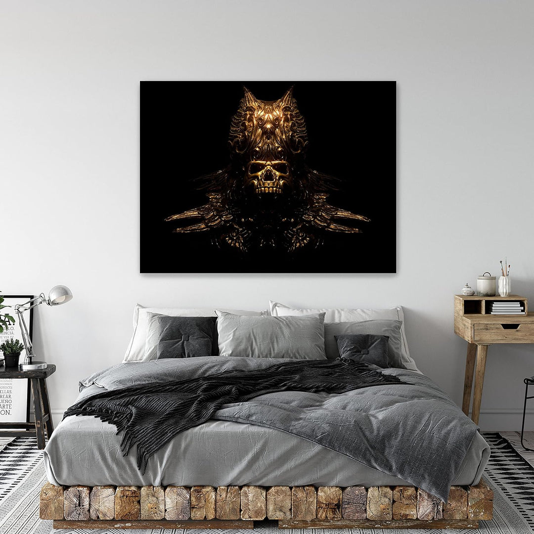 wandmotiv24 Totenkopf Wandbild aus Acrylglas, Grösse 60x45cm, Querformat, goldene Totenmaske, Schäde