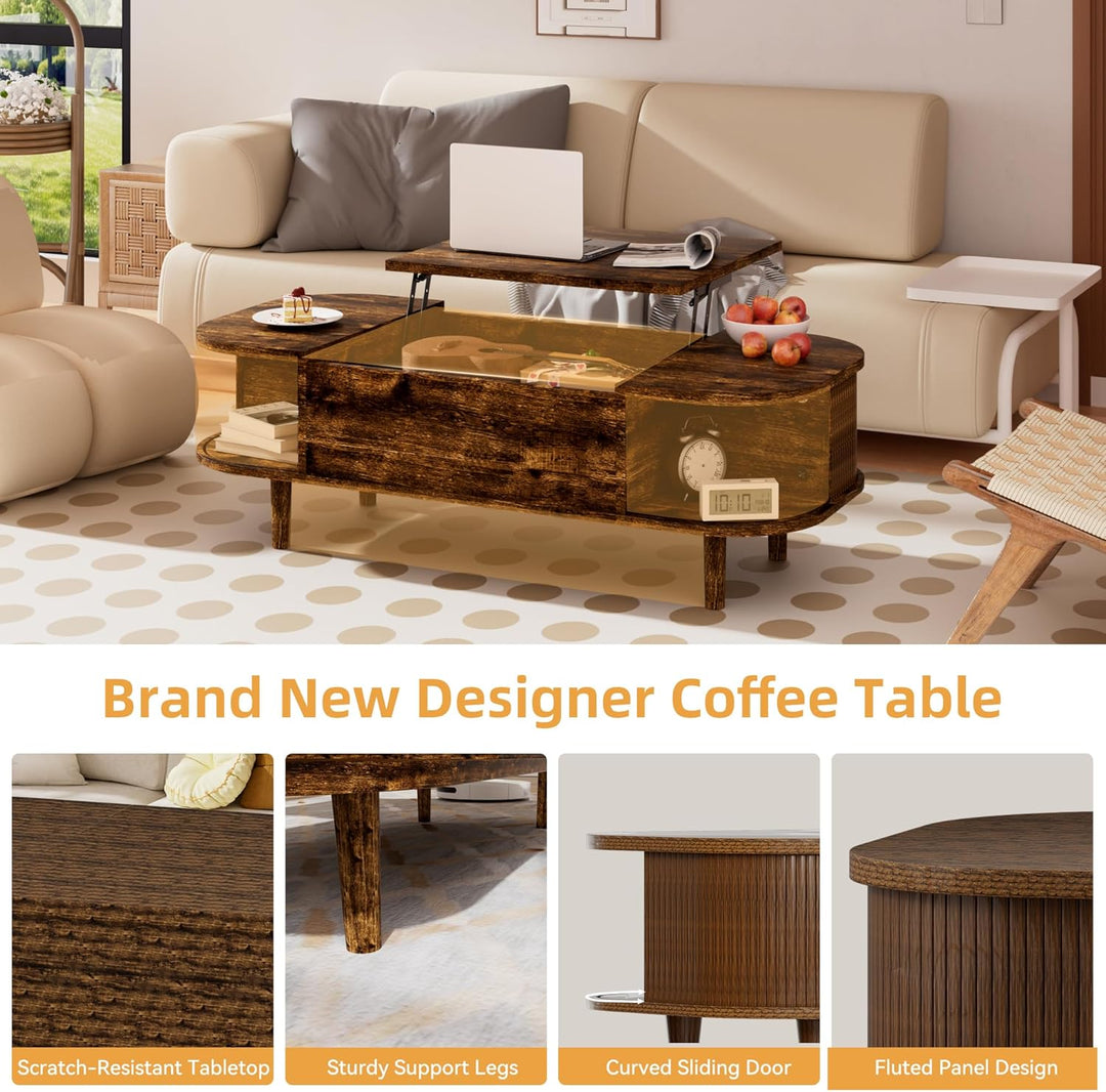 Couchtisch mit Hebeplatte – Moderner Holztisch mit Einzigartiger Textur & Verstecktem Stauraum, Kaff