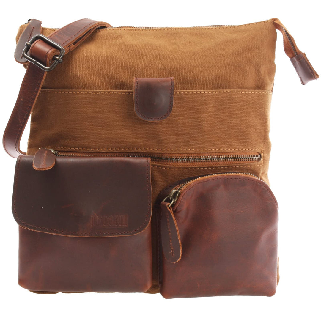 LECONI Umhängetasche Canvas &amp; Leder kleine Schultertasche Handtasche Damen + Herren Vintage Retro St
