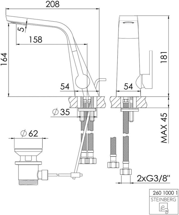 Steinberg Serie 260 Waschtischarmatur, mit Ablaufgarnitur, Ausladung 158mm, 26010001, Farbe: Chrom
