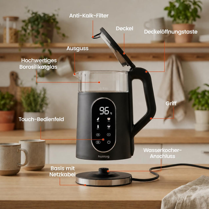 Elektrischer Wasserkocher mit Temperaturanzeige Glas 1,7L 2200W Touchpanel LED Display Warmhaltefunk