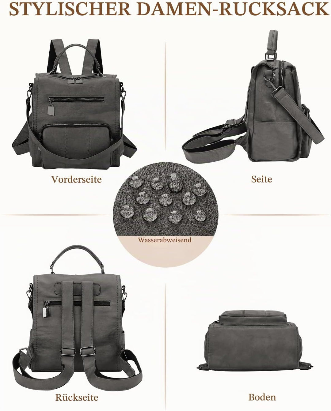 RAVUO Damen Rucksäcke,PU-Leder Rucksack Frauen Mädchen Mode Backpack Rucksack 3 Wege Reisetasche Sch