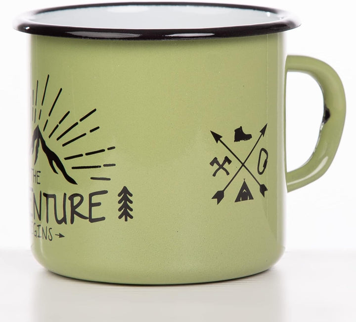 MUGSY Emaille Tasse mit Spruch The Adventure Begins, 330 ml, Camping Tasse, Camping Ausrüstung, Retr