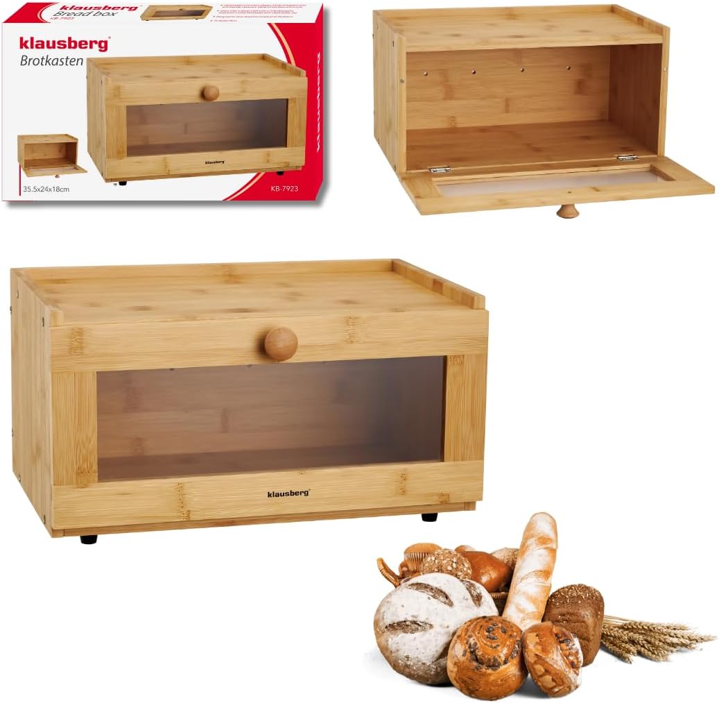 Klausberg Brotkasten aus Holz, Bambus mit Acrylfenster, umweltfreundlich, leicht, mit rundem Griff (