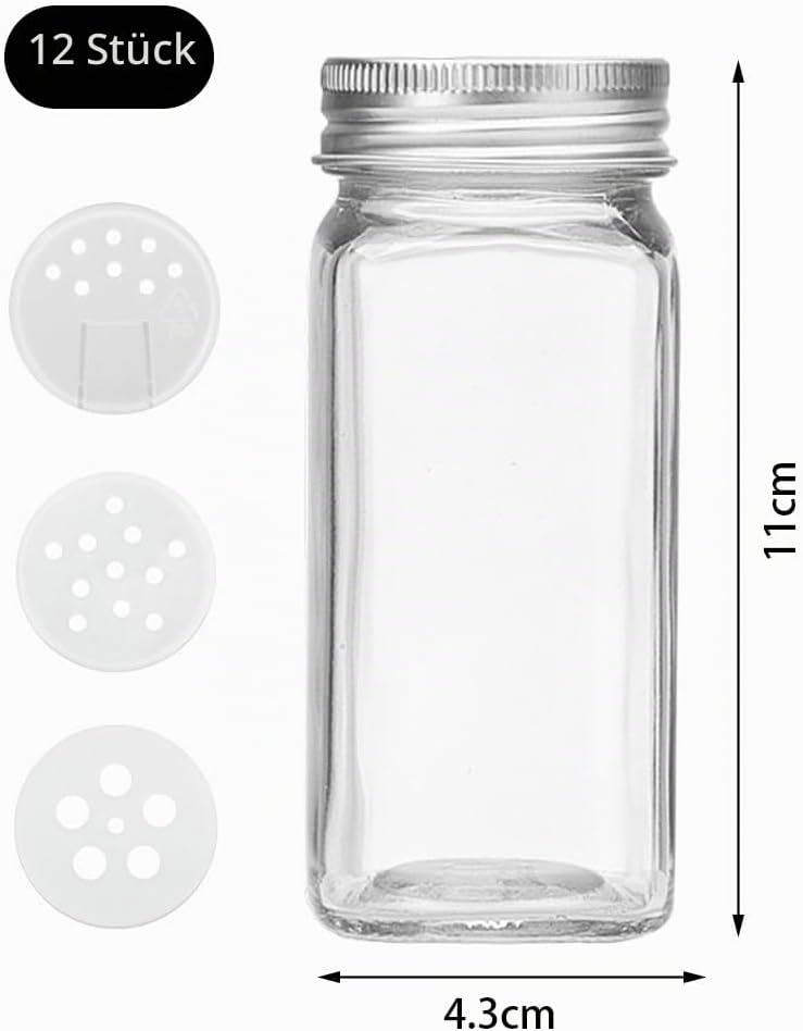 miaomiao 12 Stück Gewürzgläser Eckig Set, 120 ml Gewürzdosen Gewürze Organizer, Gewürzbehälter Spice