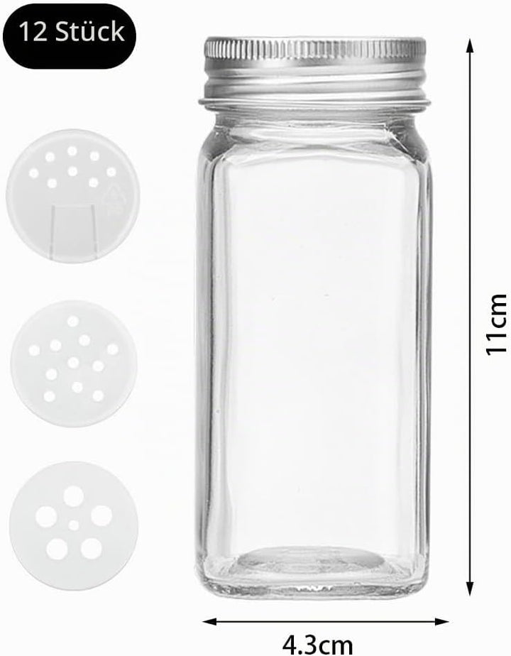 miaomiao 12 Stück Gewürzgläser Eckig Set, 120 ml Gewürzdosen Gewürze Organizer, Gewürzbehälter Spice