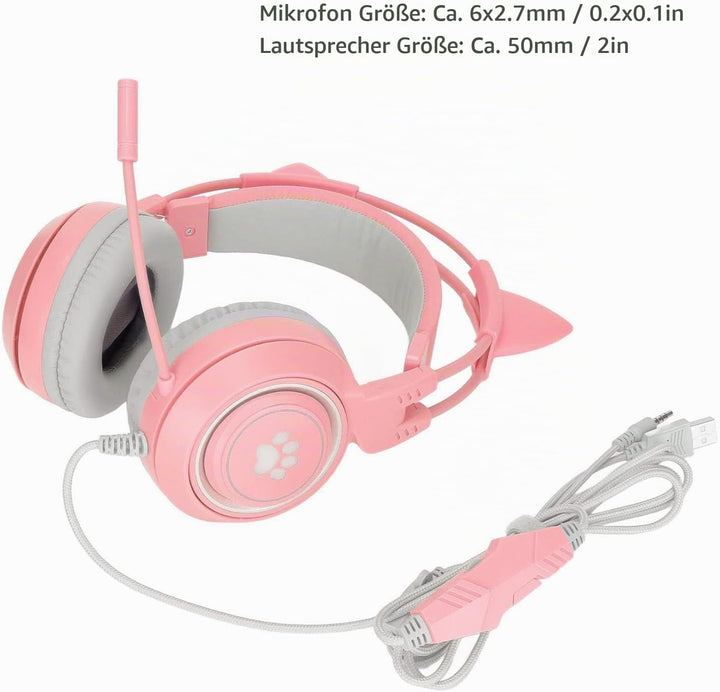 Elprico Gaming-Headset, Abnehmbares Katzenohr, USB + 3,5-mm-Stecker, Gaming-Kopfhörer, Unterstützt L