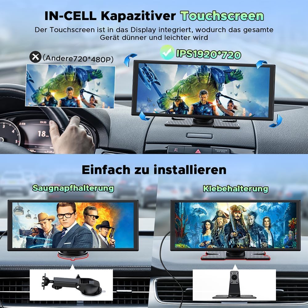 LAMTTO Wireless CarPlay Android Auto Display 10,25 Zoll In-Cell Touchscreen Car Play mit Dashcam 2.5