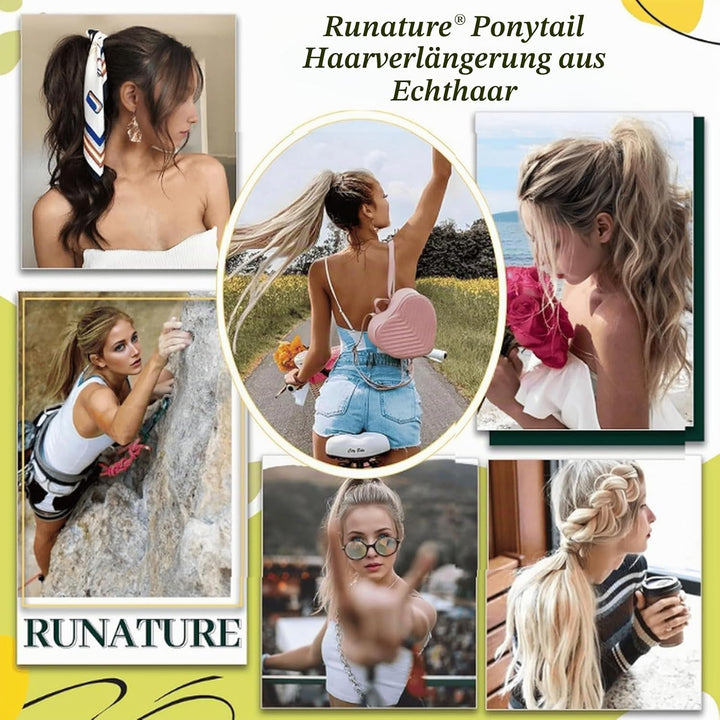 RUNATURE Clip in Ponytail Extensions Echthaar Dunkelbraun mit Dunkelblond Remy Clip in Ponytail Exte