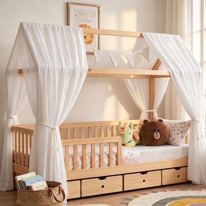 iLuane Hausbett Himmel Deko - 3PCS Betthimmel Hausbett Set, 100% Baumwolle Musselin Vorhang - Hausbe