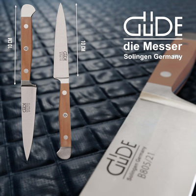 GÜDE Solingen - Spickmesser geschmiedet, 10 cm, Birnenholz, ALPHA BIRNE, Office Messer, Doppelkropf,